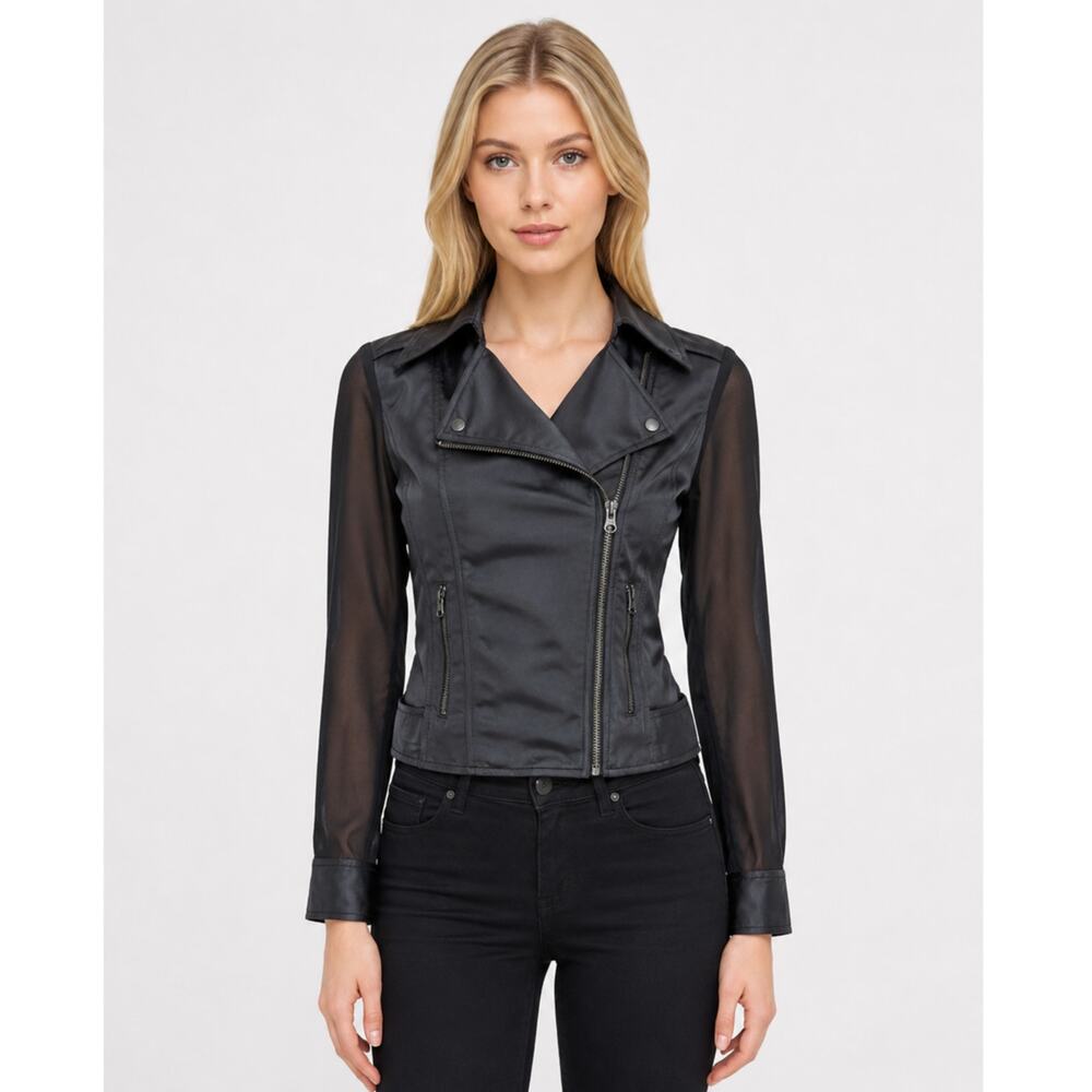 GUESS Satin Cropped Moto Jacket Sheer Sleeve Black XS Y2K - Picture 1 of 16